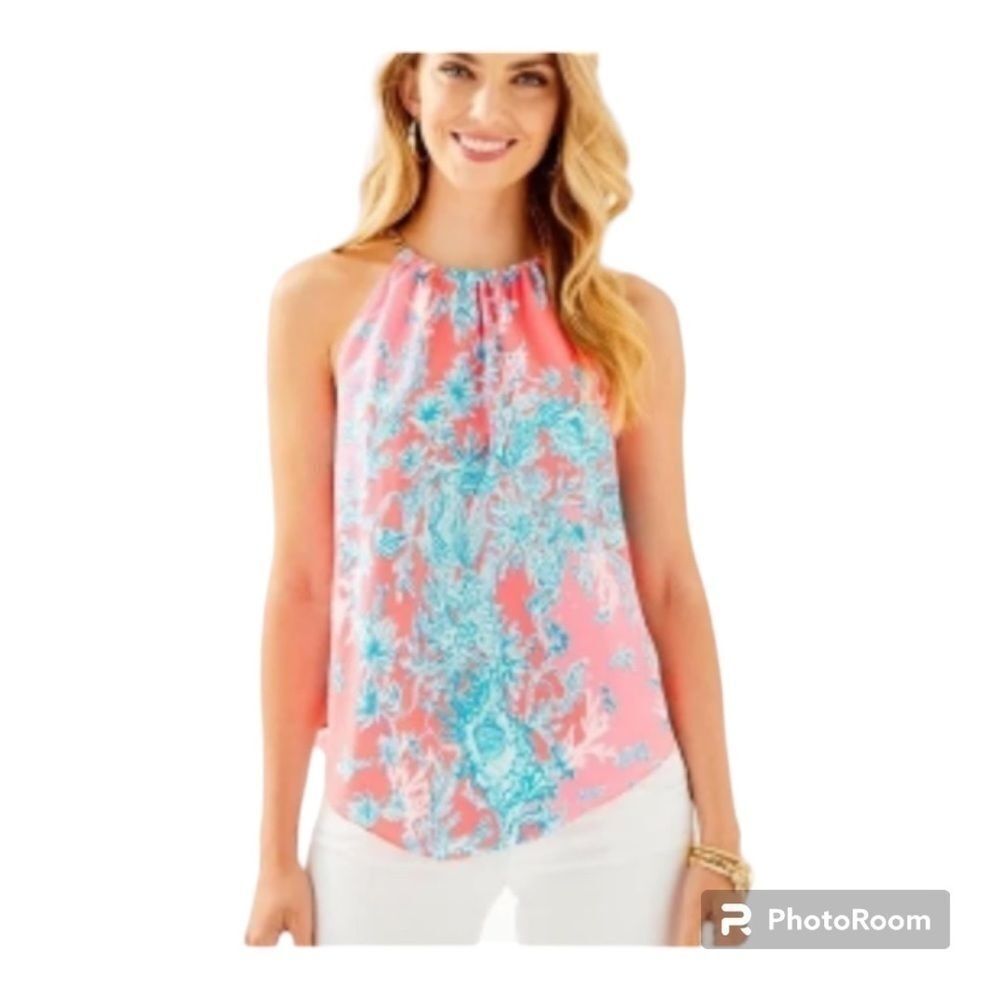 Lilly Pulitzer Coral Spritz Halter Top Gold Chain XXS